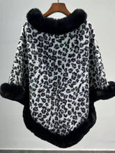Leopard Print Faux Fur Trim Knitted Poncho Shawl