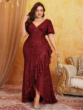 Burgundy Asymmetrical Sequin Prom Dress