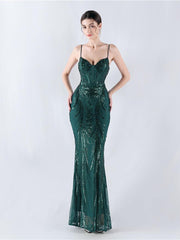 Spaghetti Blue Sequin Coset Prom Dress