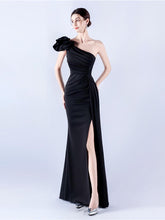 One Shoulder Flower Pleated Draped Prom Dress