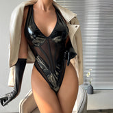 Deep V Halter Back Leather See-Through Mesh Bodysuit