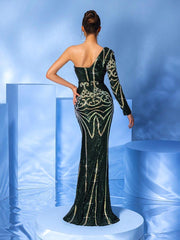 Green One Shoulder Sequin Mermaid Prom Dress