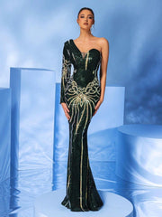 Green One Shoulder Sequin Mermaid Prom Dress
