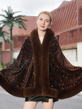Sequin Solid Elegant Faux Fur Trim Cape Shawl