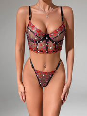 Heart Embroidered See-through Bra Set