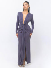 Plung Long Sleeve Ruched Solid Prom Dress