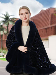 Sequin Solid Elegant Faux Fur Trim Cape Shawl