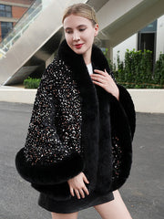 Sequin Solid Elegant Faux Fur Trim Cape Shawl