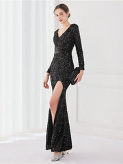 Long Sleeve Solid V-neck Sequin Prom Dress