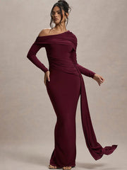 Slash Neck Ribbon Ruched Solid Prom Dress