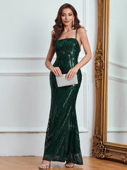 Green Sequin Back Cross Spaghetti Cocktail Dress