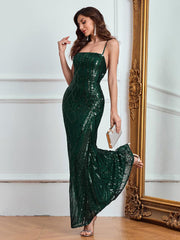 Green Sequin Back Cross Spaghetti Cocktail Dress