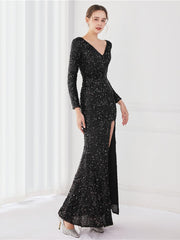 Long Sleeve Solid V-neck Sequin Prom Dress