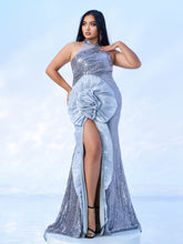 Plus Glitter Floral Slit Thigh Sleevelss Prom Dress