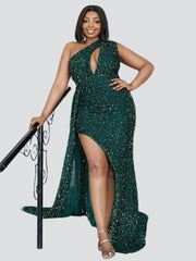 Plus Size Cutout Sequin Ribbon Prom Dress