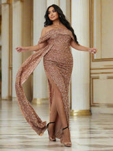 Plus Off Shoulder Draped Sequin Prom Dress