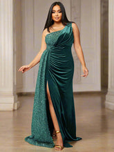 Plus Size One Shoulder Draped Sequin Burgundy Prom Dress