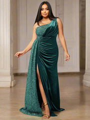 Plus Size One Shoulder Draped Sequin Burgundy Prom Dress