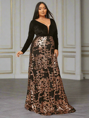Plus Deep V Neck Backless Black Prom Dress