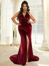 Plus Size Open Back Halter Burgundy Velvet Maxi Prom Dress