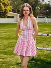 Pink Checkered Halter Corset A-line Dress