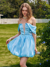 Blue Off Shoulder Satin Skater Homecoming Dress