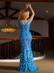 Blue V-neck Sequin Stripe Prom Dress
