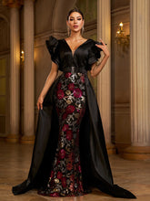 Black Sequin Ruffled Belt Cape Evening Dress