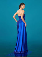 Blue Strapless Draped Backless Sequin Prom Dress