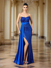 Blue Strapless Draped Backless Sequin Prom Dress