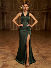 Green Sleeveless Back Cross Satin Prom Dress