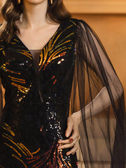 Black Mesh Sleeve Sequin Formal Dress