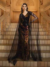 Black Mesh Sleeve Sequin Formal Dress