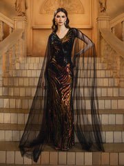 Black Mesh Sleeve Sequin Formal Dress