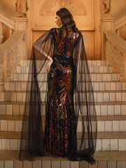 Black Mesh Sleeve Sequin Formal Dress