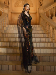 Black Mesh Sleeve Sequin Formal Dress