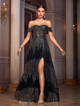 Black Off Shoulder Sequin A-line Prom Dress