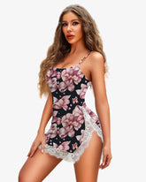 Pink Big Flowers Strap Lace Side Slit Dress