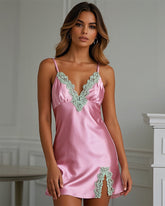 Color Lace Trim Side Split Mini Dress