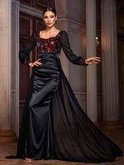 Long Sleeve Floral Sequin Draped Prom Dress SL30076