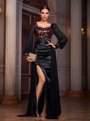 Long Sleeve Floral Sequin Draped Prom Dress SL30076