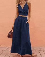 Lace-up Crop Tank Long Pants Sets