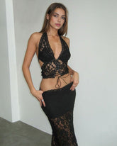 Plunge Neck Halter Lace Two-piece Set