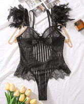Chain Feather Eyelash Lace Bodysuit