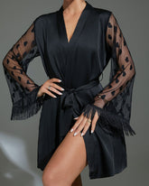 Sheer Heart Lace Satin Robe With Belt