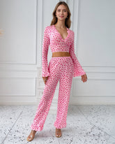 Long-Sleeved Heart Print Ruffled Pajamas Set