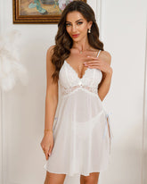 Deep V Lace Pearl Sheer Slit Dress