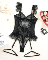 FLace Ruffle Trim Garter Bodysuit