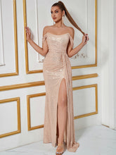 Apricot Sequin Off Shoulder Draped Prom Dress