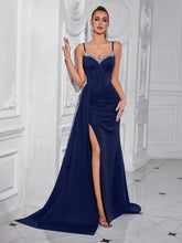 Navy Sweetheart Neck Corset Split Evening Dress